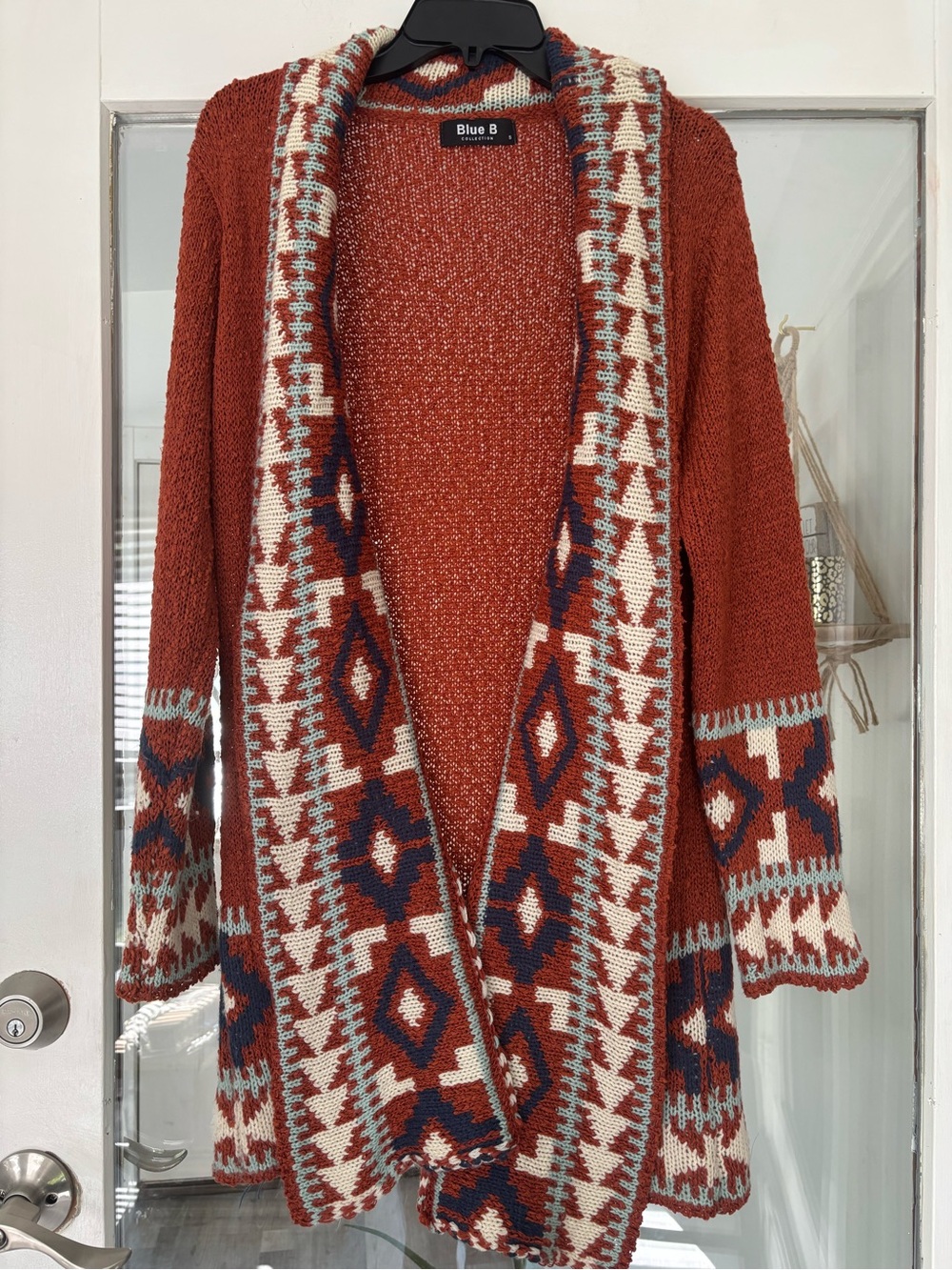 Blue B Rust Aztec-Trim Open Cardigan Sweater